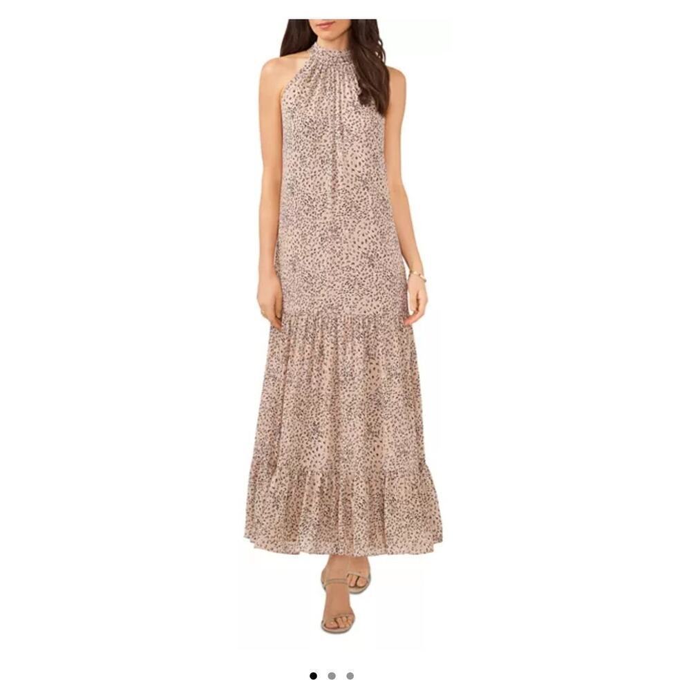VINCE CAMUTO Tiered Printed Leopard Pattern Maxi Dress Halter Neck Sleeveless M